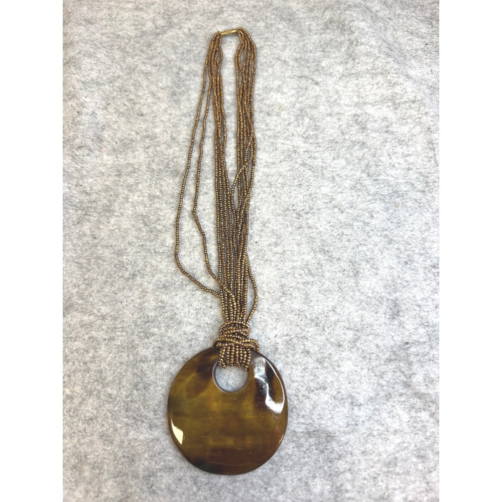 Vintage Bronze Multi Strand Seed Bead Necklace Tortoise Shell Resin Pendant